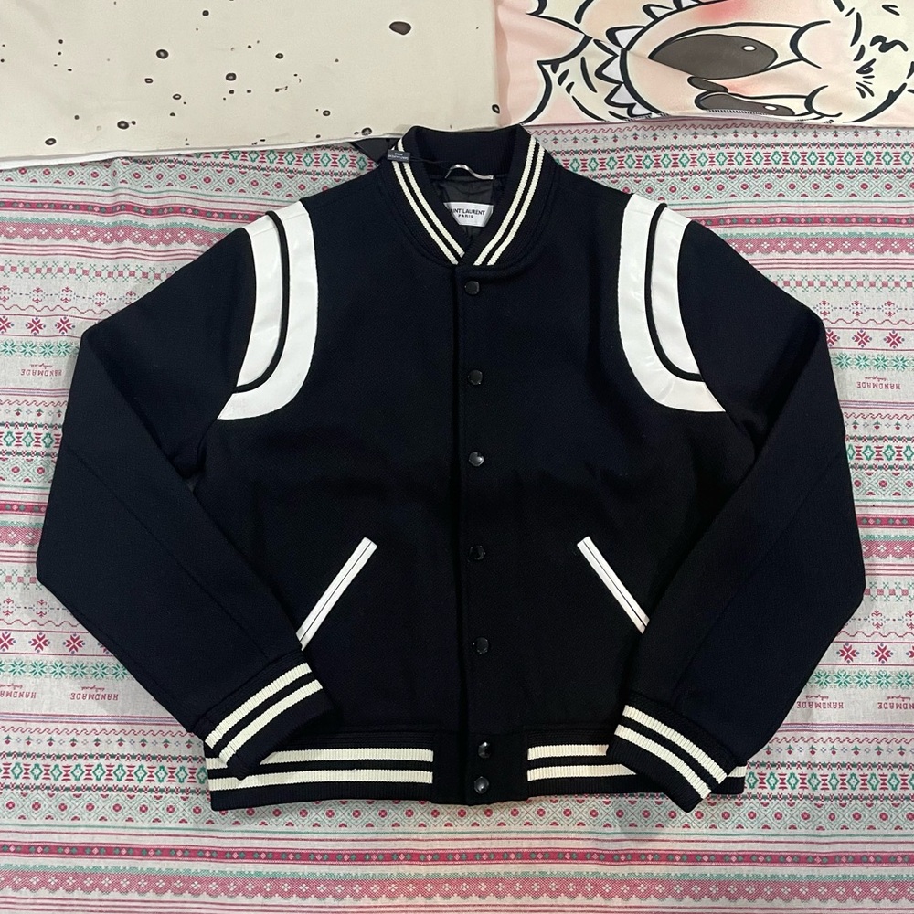 Saint Laurent Black and White Varsity Bomber Jacket